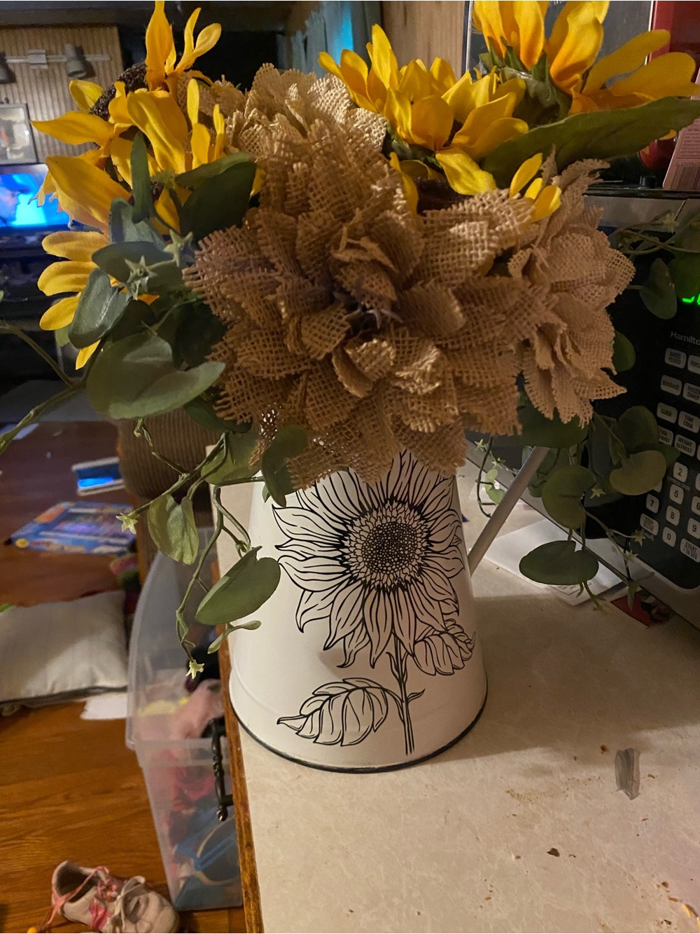 White Sunflower Pitcher Vase with Yellow Floral Arrangement